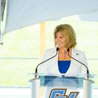 Keri Becker speaking at the Jamie Hosford Football Center dedication.